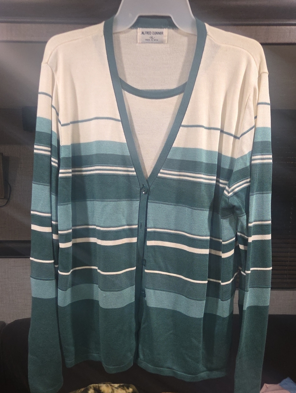Alfred Dunner Teal & White Striped Women's Cardigan